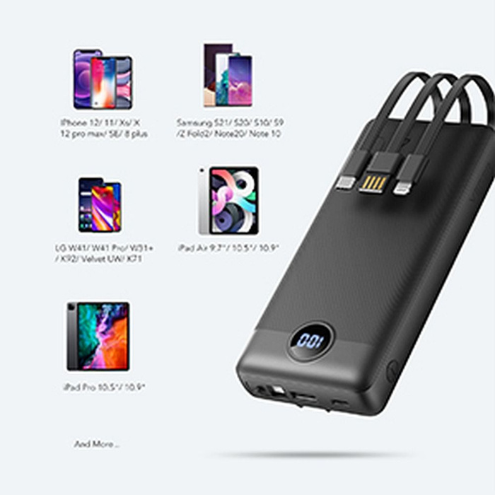 VEGER powerbank 20000 mAh z wbudowanymi kablami Micro USB / Typ C / Lightning C20 (W2047 / W2059) czarny