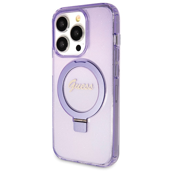 Etui Guess GUHMP14XHRSGSU iPhone 14 Pro Max 6.7" fioletowy/purple hardcase Ring Stand Script Glitter MagSafe Case