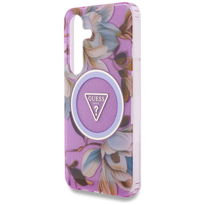 Etui Guess Glitter Flowers Triangle       Buttons MagSafe do Samsung Galaxy S25 fioletowy