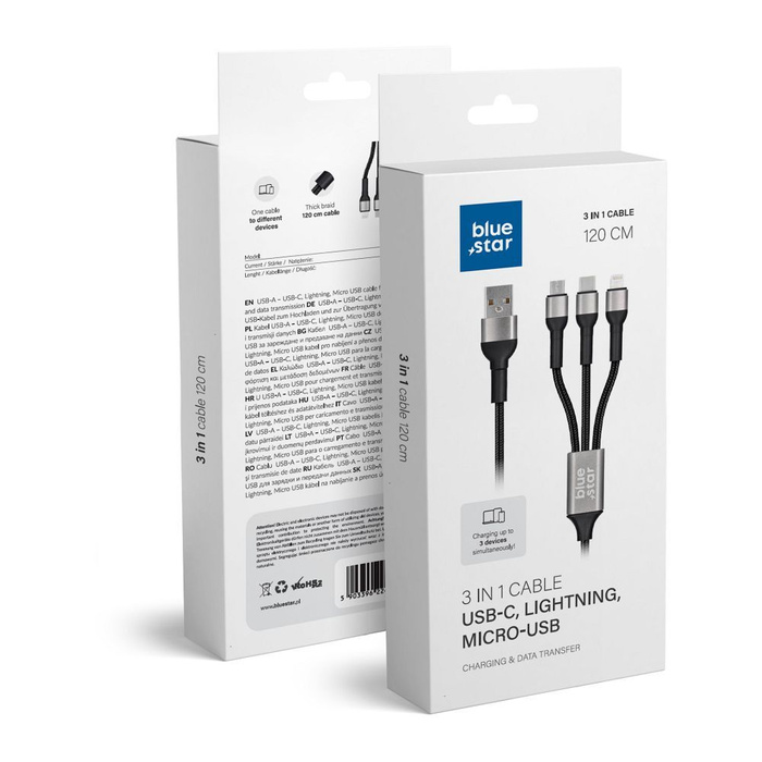 BLUE STAR kabel z oplotem 2,4A 3w1 USB A do Lightning / Micro USB / Typ C TFK-DC-010 1,2 m czarny