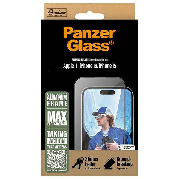 PanzerGlass Screen Protector Aluminum Frame iPhone 16 6.1" Ultra-Wide Fit 2849