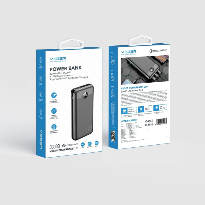 VEGER powerbank 30000 mAh PD QC3.0 3A 20W L30 (W3008PD) czarny