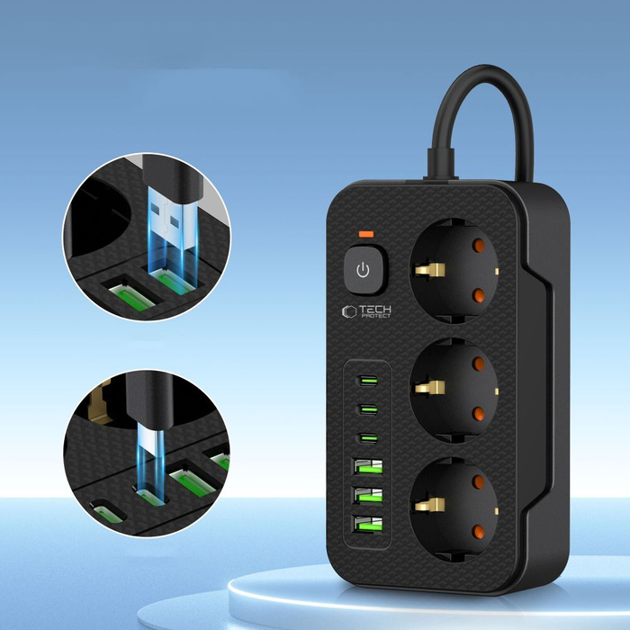 TECH-PROTECT PC3X6 POWER SOCKET 3 USB & 3 TYPE-C & 3 SOCKET 200CM BLACK