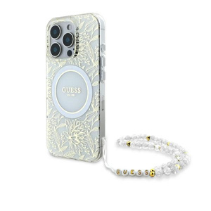 Etui Guess iPhone 16 Pro 6.3" biały/white hardcase IML Flowers Allover Electro With Pearl Strap MagSafe