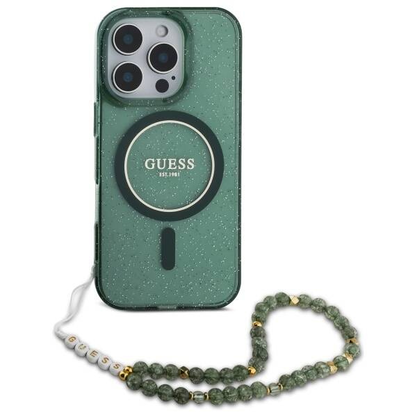 Etui Guess iPhone 16 Pro 6.3" zielony/green hardcase IML Glitter With Pearl Strap MagSafe