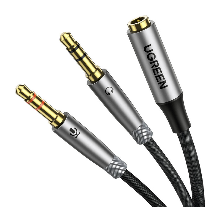 Ugreen kabel rozdzielacz AUX 3,5 mm mini jack (żeński) - 2x 3,5 mm mini jack (męski - mikrofon i słuchawki) srebrny (AV193 50255)