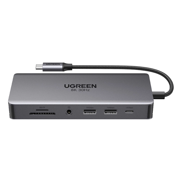 Hub USB-C Ugreen CM681, 4x USB, 2x HDMI, DisplayPort, RJ45, SD/TF, AUX, PD 100W (szary)