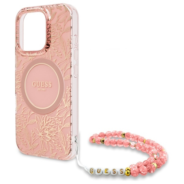 Guess GUHMP16XHCPOFPP iPhone 16 Pro Max   6.9" różowy/pink hardcase IML Flowers Allover Electro With Pearl Strap MagSafe