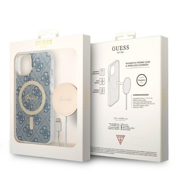 Zestaw Etui Guess Case+ Charger iPhone 14 Plus 6,7" niebieski/blue hard case 4G Print MagSafe