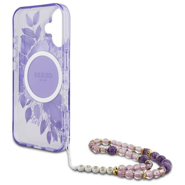 Etui Guess iPhone 16 Plus 6.7" fioletowy/purple hardcase IML Flowers With Pearl Strap MagSafe