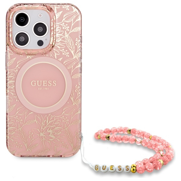 Guess GUHMP16XHCPOFPP iPhone 16 Pro Max   6.9" różowy/pink hardcase IML Flowers Allover Electro With Pearl Strap MagSafe