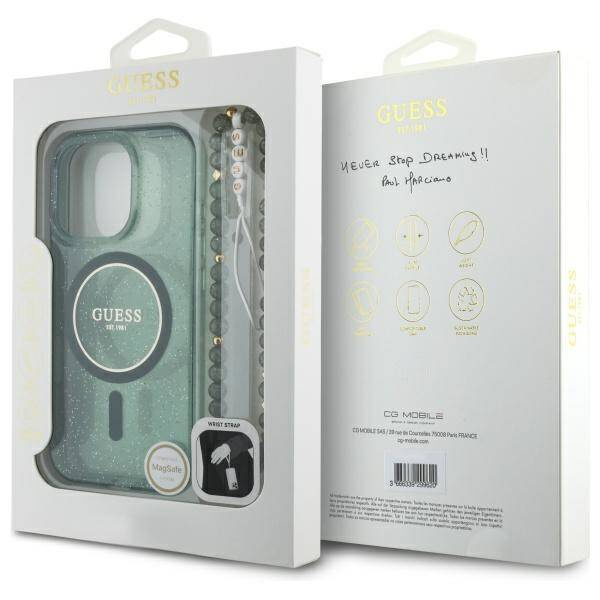 Etui Guess iPhone 16 Pro Max 6.9" zielony/green hardcase hardcase IML Glitter With Pearl Strap MagSafe