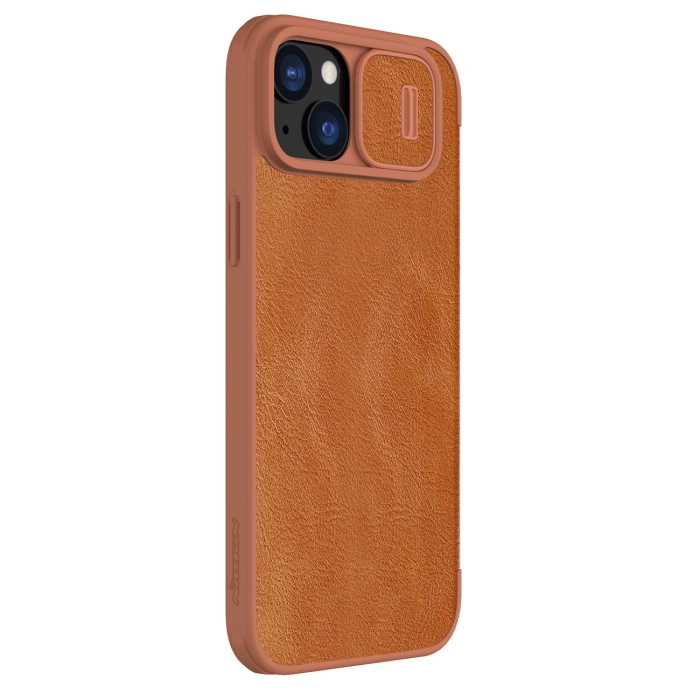 Skórzane etui z klapką osłoną aparatu do iPhone 15 Plus Nillkin Qin Pro Leather - brązowe