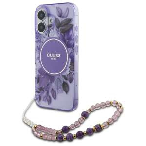 Etui Guess iPhone 16 6.1" fioletowy/purple hardcase IML Flowers With Pearl Strap MagSafe