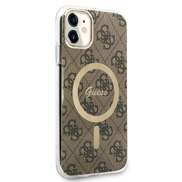 Zestaw Etui Guess Case+Charger iPhone 11 6,1" brązowy/brown hard case 4G Print MagSafe