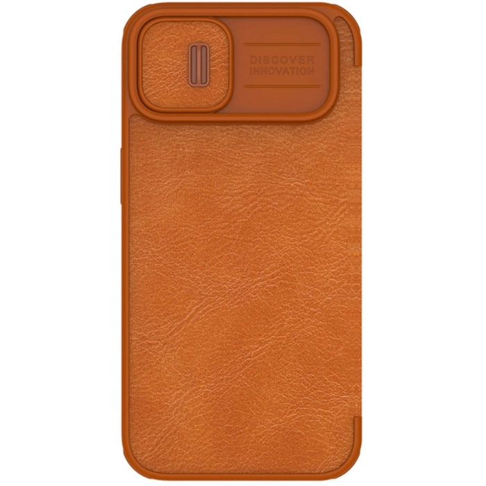 Nillkin Qin Leather Pro Case etui iPhone 14 osłona na aparat kabura pokrowiec obudowa z klapką brązowy