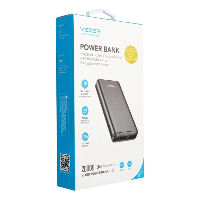 VEGER powerbank 20000 mAh PD QC3.0 5A 100W T100 (W2032C-100) czarny