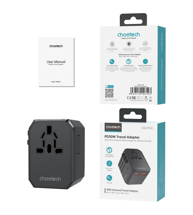 Ładowarka podróżna Choetech PD6041 USB-C USB-A PD 30W z 4 wtyczkami USA EU UK AU - czarna