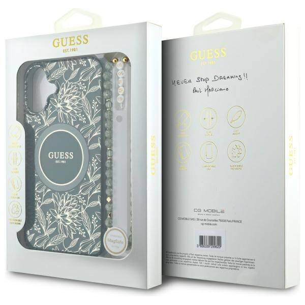 Etui Guess iPhone 16 6.1" zielony/green hardcase IML Flowers Allover Electro With Pearl Strap MagSafe