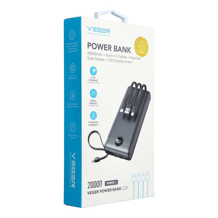 VEGER powerbank 20000 mAh z wbudowanymi kablami Micro USB / Typ C / Lightning C20 (W2047 / W2059) czarny