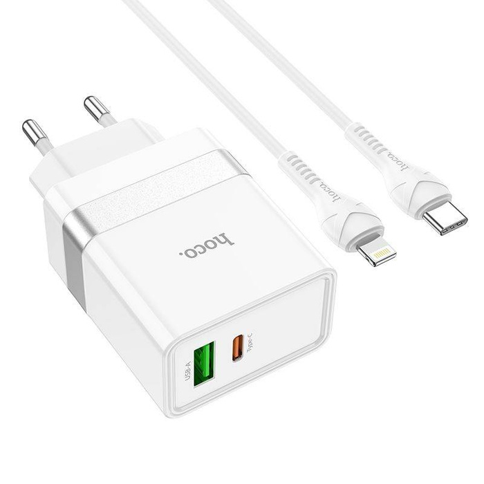 HOCO ładowarka sieciowa Typ C + USB QC3.0 z kablem do iPhone Lightning 8-pin Power Delivery 30W Starter N21 biała