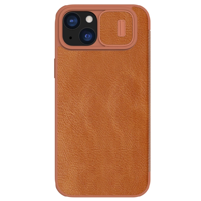 Skórzane etui z klapką osłoną aparatu do iPhone 15 Plus Nillkin Qin Pro Leather - brązowe