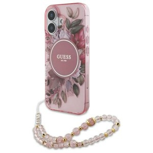 Etui Guess iPhone 16 Plus 6.7" różowy/pink hardcase IML Flowers With Pearl Strap MagSafe