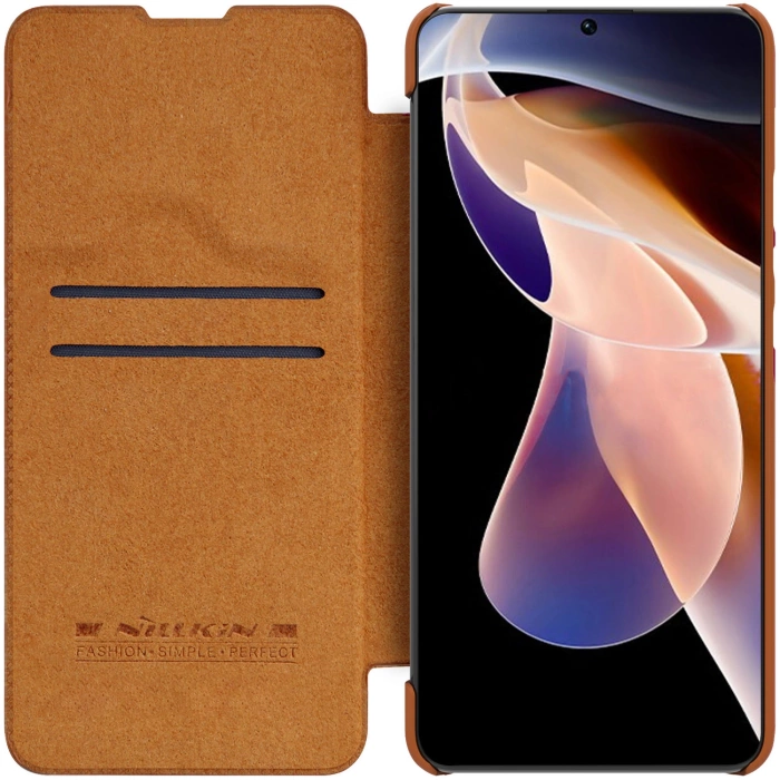 Nillkin Qin Case etui do Xiaomi Redmi Note 11 Pro+ (China) / Redmi Note 11 Pro (China) / Mi11i HyperCharge osłona na aparat kabura pokrowiec obudowa z klapką brązowy