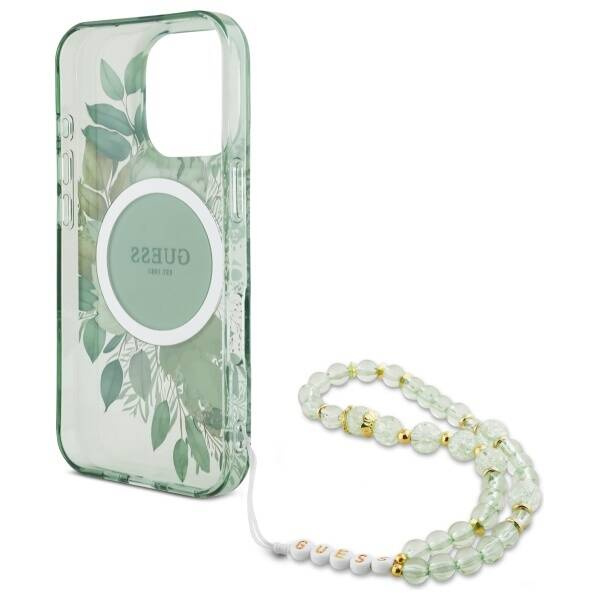 Etui Guess iPhone 16 Pro 6.3" zielony/green hardcase IML Flowers With Pearl Strap MagSafe