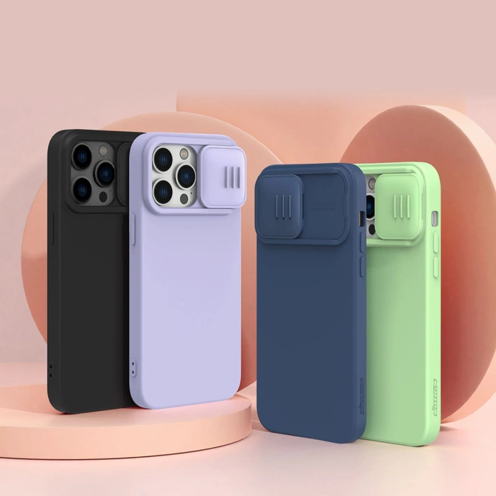 Nillkin CamShield Silky Silicone Case etui iPhone 14 Pro pokrowiec z osłoną na aparat niebieski