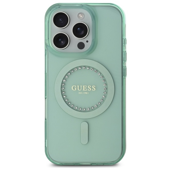 Etui Guess iPhone 16 Pro 6.3" zielony/green hardcase IML Rhinestones MagSafe