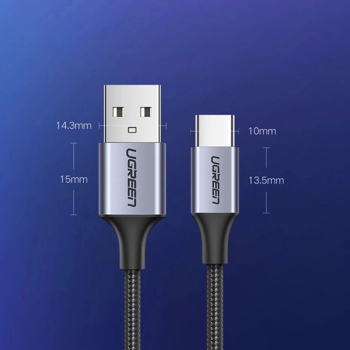 Niklowany kabel USB-C QC3.0 UGREEN 0,25m z aluminiową wtyczką czarny