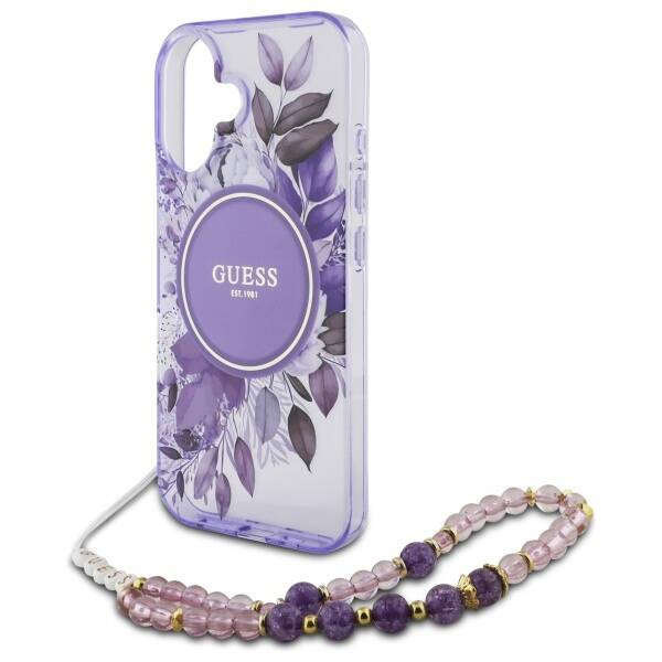 Etui Guess iPhone 16 Plus 6.7" fioletowy/purple hardcase IML Flowers With Pearl Strap MagSafe