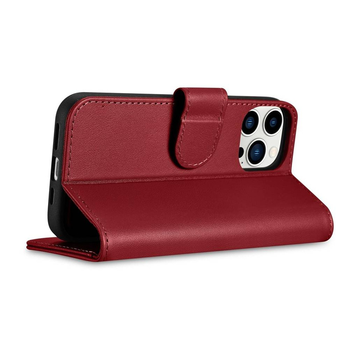 iCarer Wallet Case 2in1 etui iPhone 14 Pro Max skórzany pokrowiec z klapką Anti-RFID czerwony (WMI14220728-RD)