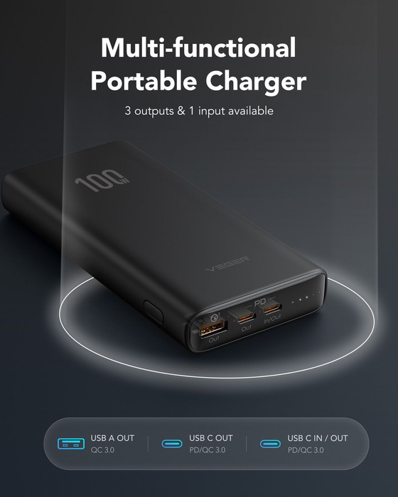 VEGER powerbank 20000 mAh PD QC3.0 5A 100W T100 (W2032C-100) czarny