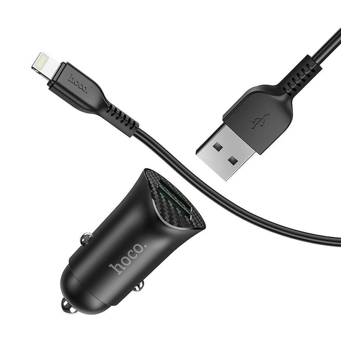 HOCO ładowarka samochodowa 2 x USB QC3.0 18W + kabel do iPhone Lightning 8-pin Farsighted Z39 czarna