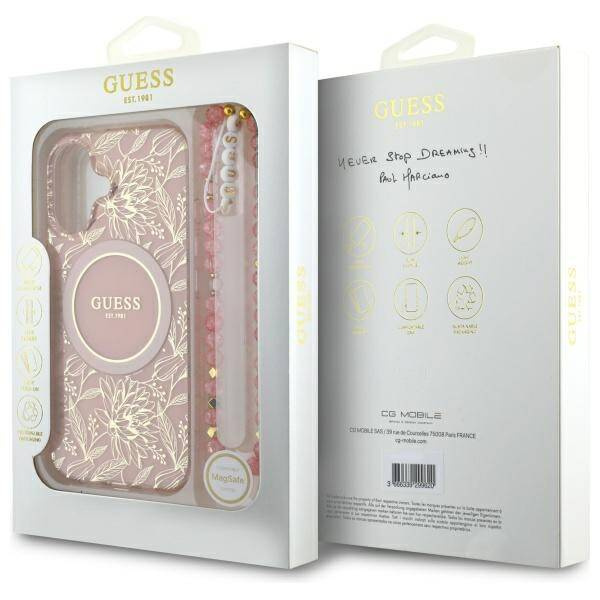 Etui Guess iPhone 16 6.1" różowy/pink hardcase IML Flowers Allover Electro With Pearl Strap MagSafe