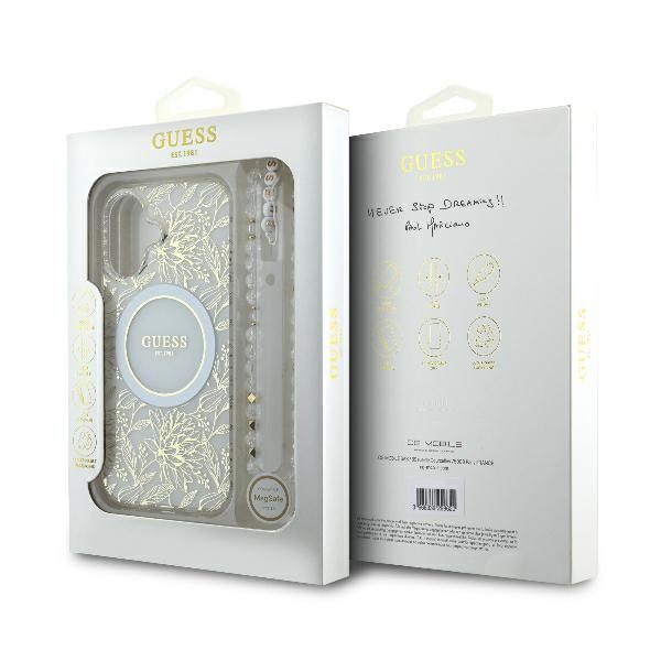 Etui Guess iPhone 16 6.1" biały/white hardcase IML Flowers Allover Electro With Pearl Strap MagSafe