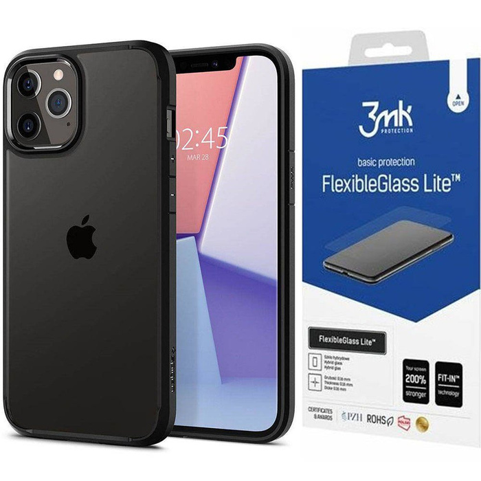 SPIGEN Ultra Hybrid iPhone 12 / 12 Pro Etui Matte Black Czarne Case + Szkło 3MK Flexible Glass Lite