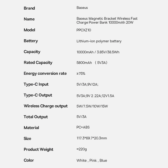 [PO ZWROCIE] Powerbank Baseus Magnetic Bracket z MagSafe 10000mAh 20W - różowy + kabel USB-C 60W 0.5m