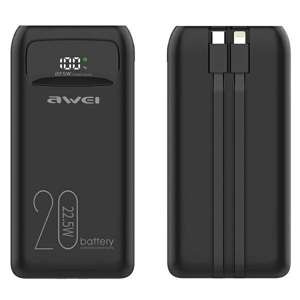 AWEI PowerBank P169K 20000mAh 22.5W czarny/black wyświetlacz + kable PD/Lightning