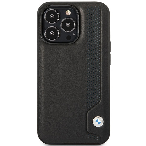 Etui BMW iPhone 14 Pro Max 6,7" czarny/black hardcase Leather Blue Dots