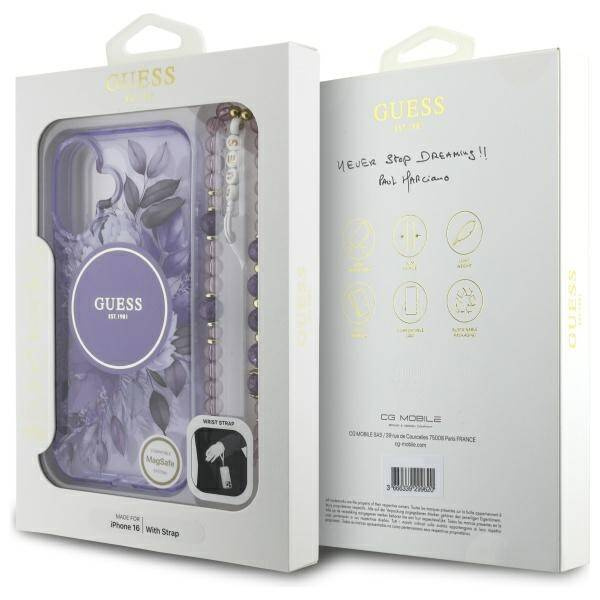 Etui Guess iPhone 16 Plus 6.7" fioletowy/purple hardcase IML Flowers With Pearl Strap MagSafe