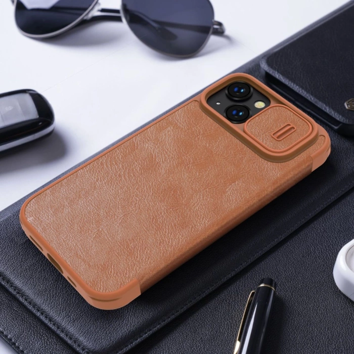 Nillkin Qin Leather Pro Case etui iPhone 14 Plus osłona na aparat kabura pokrowiec obudowa z klapką niebieski