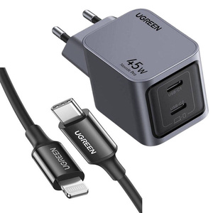 Ładowarka sieciowa US316 Ugreen Nexode Pro 45W, 2x USB-C (szara) + Kabel Ugreen USB Typ C - Lightning MFI 1m 3A 18W