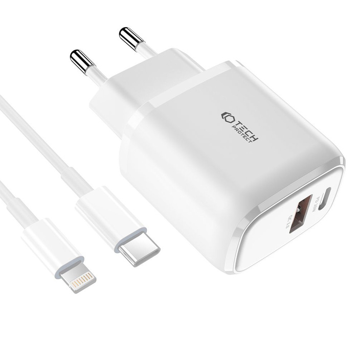 ŁADOWARKA TECH-PROTECT C20W 2-PORT NETWORK CHARGER PD20W/QC3.0 + LIGHTNING CABLE WHITE