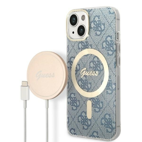 Zestaw Etui Guess Case+ Charger iPhone 14 Plus 6,7" niebieski/blue hard case 4G Print MagSafe