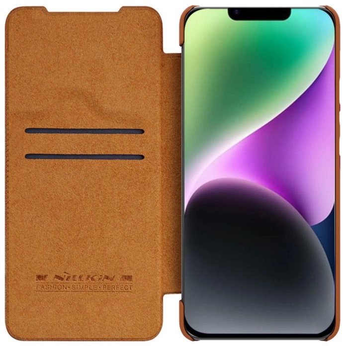 Nillkin Qin Leather Pro Case etui iPhone 14 Plus osłona na aparat kabura pokrowiec obudowa z klapką brązowy