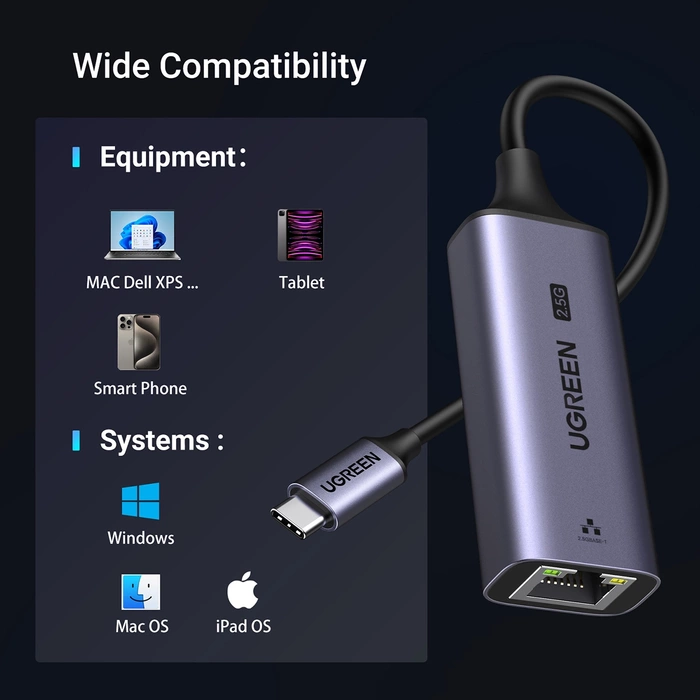 Adapter Ethernet UGREEN CM648, USB-C do RJ45, 2.5G (czarny)