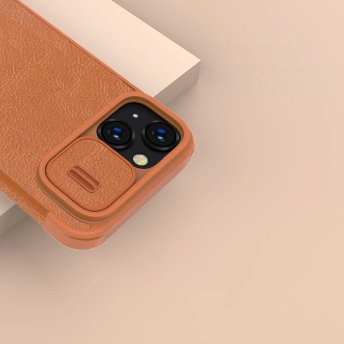 Nillkin Qin Leather Pro Case etui iPhone 14 Plus osłona na aparat kabura pokrowiec obudowa z klapką brązowy